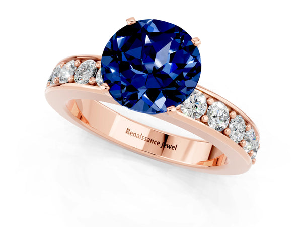Rose gold Round Cut Blue Sapphire Engagement Ring with Channel Set Round Band and Prong Setting