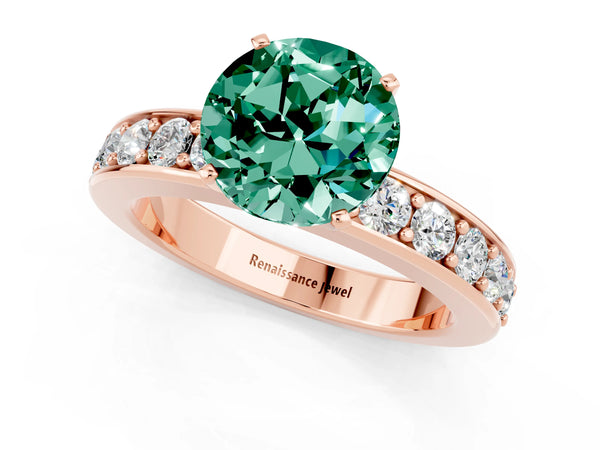 Rose gold Round Cut Green Sapphire Engagement Ring with Channel Set Round Band and Prong Setting