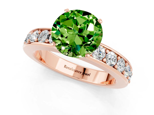 Rose gold Round Cut Peridot Engagement Ring with Channel Set Round Band and Prong Setting