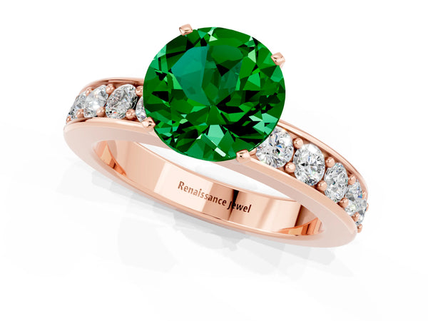 Rose gold Round Cut Emerald Engagement Ring with Channel Set Round Band and Prong Setting