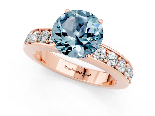 Rose gold Round Cut Aquamarine Engagement Ring with Channel Set Round Band and Prong Setting