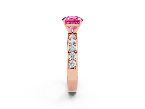 Rose gold Round Cut Pink Sapphire Engagement Ring with Channel Set Round Band and Prong Setting
