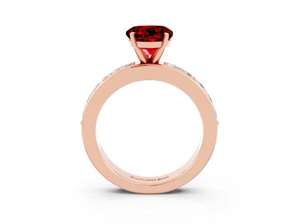 Rose gold Round Cut Ruby Engagement Ring with Channel Set Round Band and Prong Setting