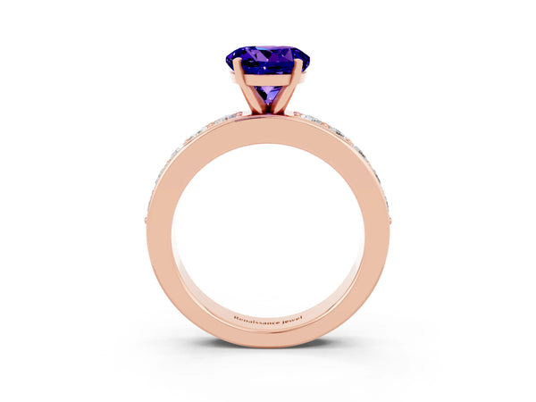Rose gold Round Cut Tanzanite Engagement Ring with Channel Set Round Band and Prong Setting