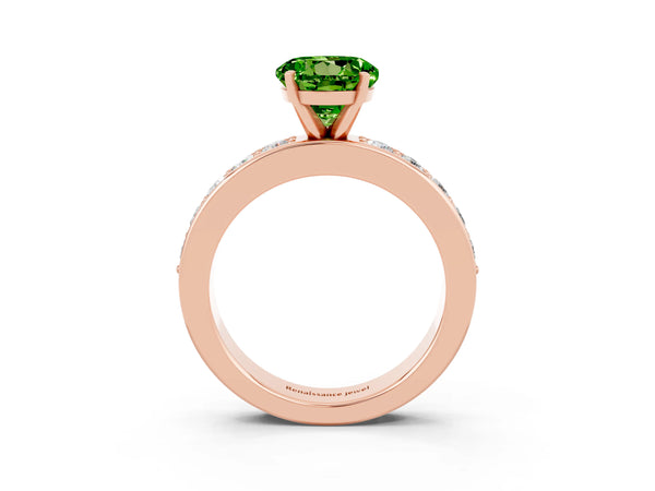 Rose gold Round Cut Peridot Engagement Ring with Channel Set Round Band and Prong Setting