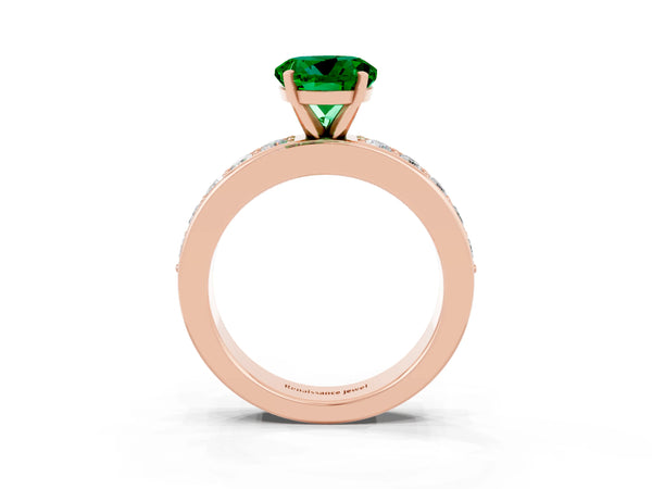 Rose gold Round Cut Emerald Engagement Ring with Channel Set Round Band and Prong Setting