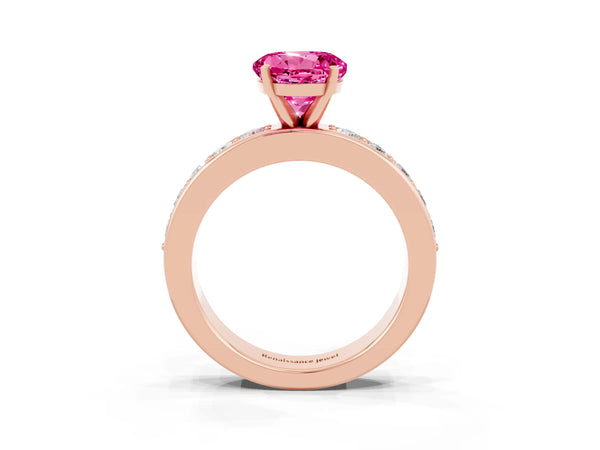 Rose gold Round Cut Pink Sapphire Engagement Ring with Channel Set Round Band and Prong Setting