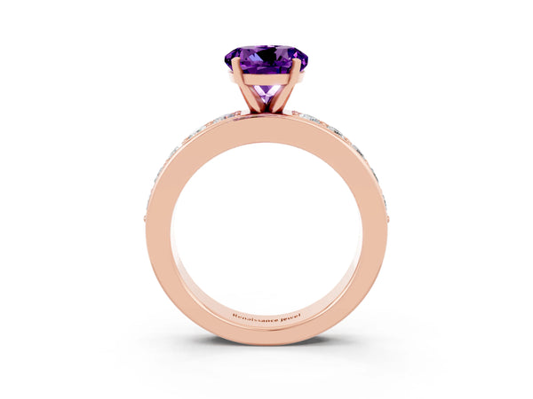 Rose gold Round Cut Amethyst Engagement Ring with Channel Set Round Band and Prong Setting
