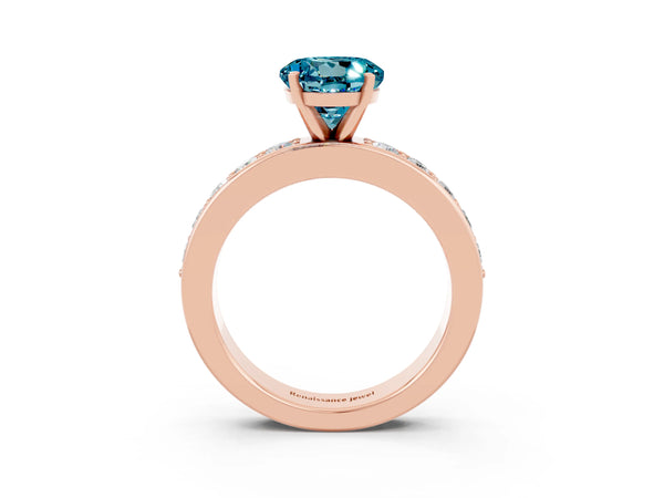 Rose gold Round Cut Blue Topaz Engagement Ring with Channel Set Round Band and Prong Setting