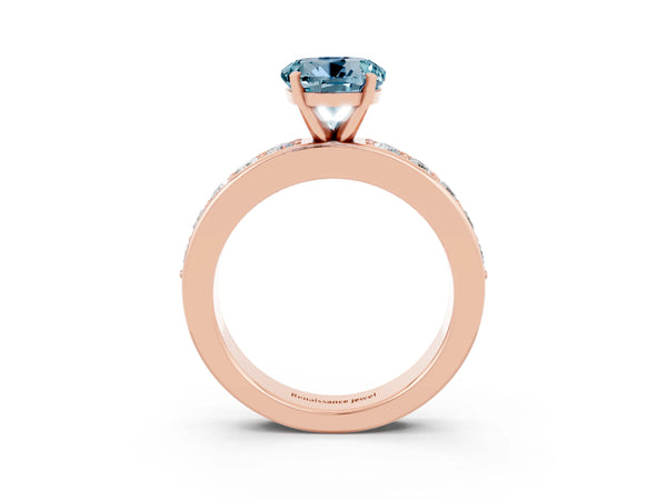 Rose gold Round Cut Aquamarine Engagement Ring with Channel Set Round Band and Prong Setting