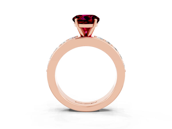 Rose gold Round Cut Garnet Engagement Ring with Channel Set Round Band and Prong Setting