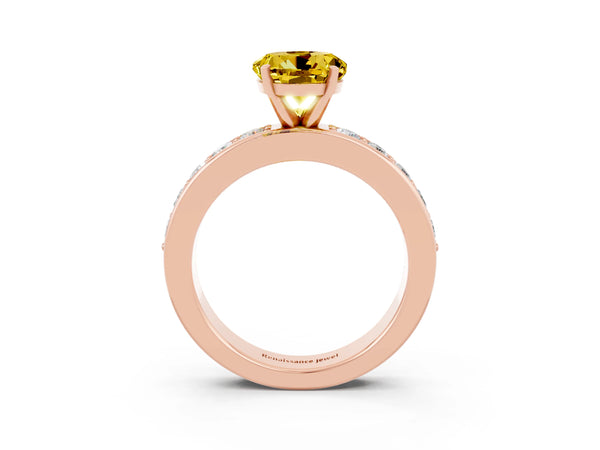 Rose gold Round Cut Yellow Sapphire Engagement Ring with Channel Set Round Band and Prong Setting