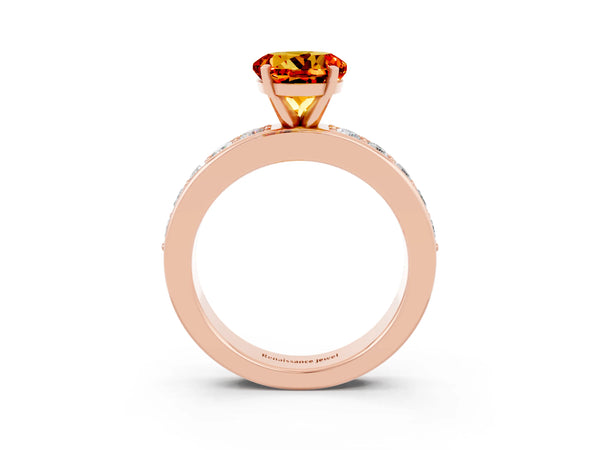 Rose gold Round Cut Citrine Engagement Ring with Channel Set Round Band and Prong Setting