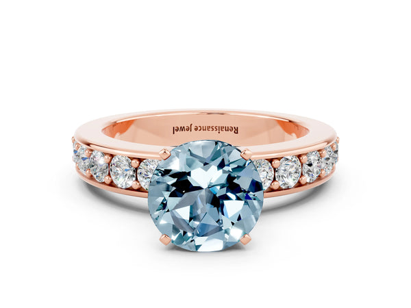 Rose gold Round Cut Aquamarine Engagement Ring with Channel Set Round Band and Prong Setting