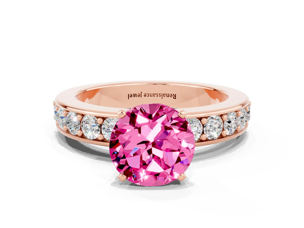 Rose gold Round Cut Pink Sapphire Engagement Ring with Channel Set Round Band and Prong Setting