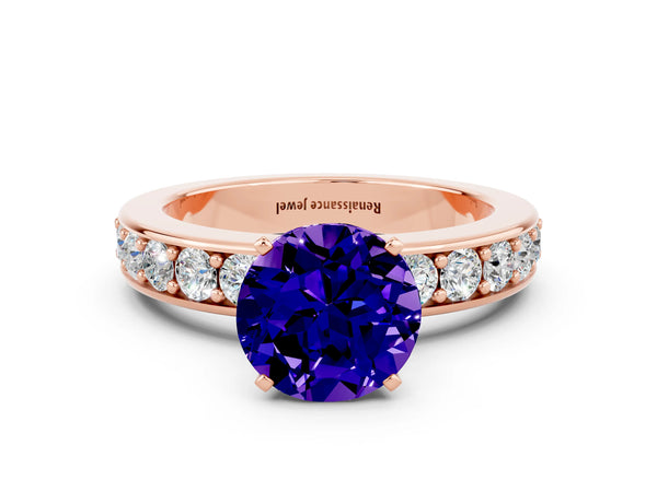 Rose gold Round Cut Tanzanite Engagement Ring with Channel Set Round Band and Prong Setting