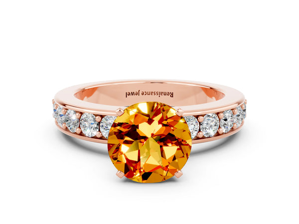 Rose gold Round Cut Citrine Engagement Ring with Channel Set Round Band and Prong Setting