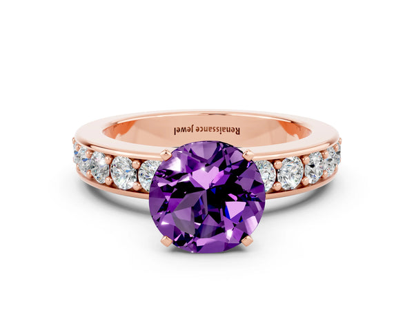 Rose gold Round Cut Amethyst Engagement Ring with Channel Set Round Band and Prong Setting