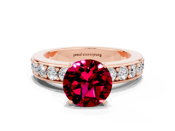 Rose gold Round Cut Garnet Engagement Ring with Channel Set Round Band and Prong Setting