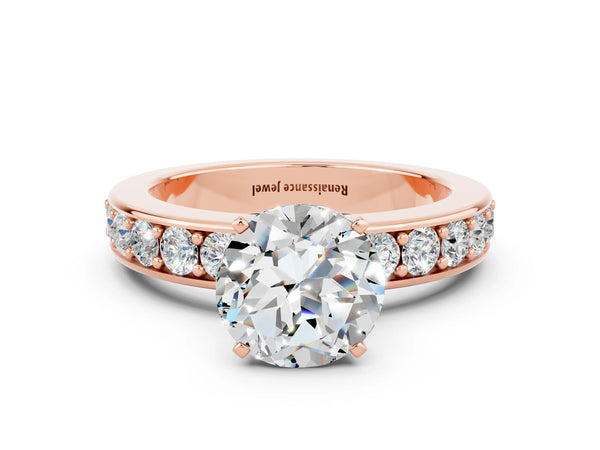 Rose gold Round Cut Moissanite Engagement Ring with Channel Set Round Band and Prong Setting