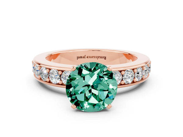 Rose gold Round Cut Green Sapphire Engagement Ring with Channel Set Round Band and Prong Setting