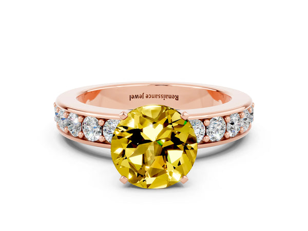 Rose gold Round Cut Yellow Sapphire Engagement Ring with Channel Set Round Band and Prong Setting