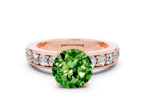 Rose gold Round Cut Peridot Engagement Ring with Channel Set Round Band and Prong Setting