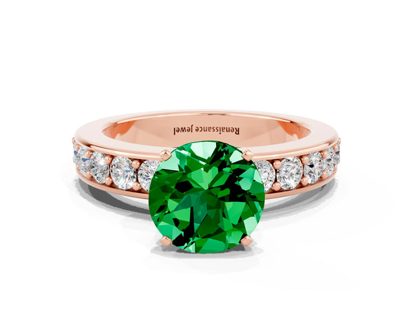 Rose gold Round Cut Emerald Engagement Ring with Channel Set Round Band and Prong Setting