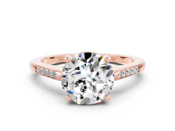 Rose gold Round Cut Moissanite Solitaire Ring with Channel Set Round Band and Prong Setting