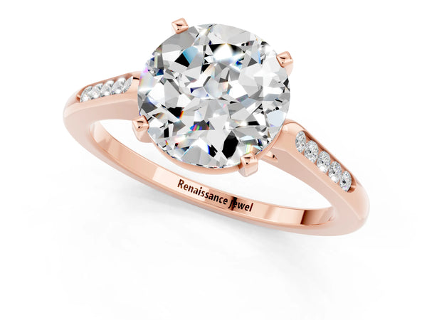 Rose gold Round Cut Moissanite Solitaire Ring with Channel Set Round Band and Prong Setting