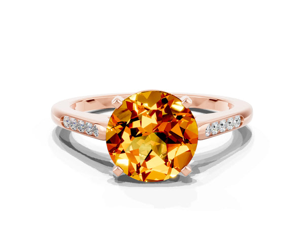 Rose gold Round Cut Citrine Solitaire Ring with Channel Set Round Band and Prong Setting