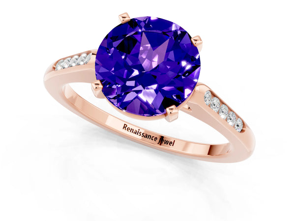Rose gold Round Cut Tanzanite Solitaire Ring with Channel Set Round Band and Prong Setting