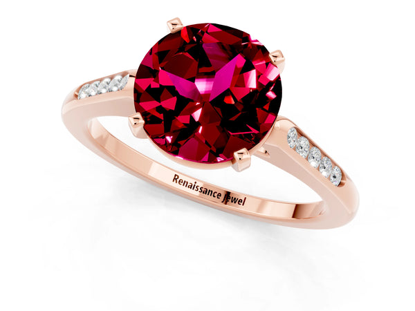 Rose gold Round Cut Garnet Solitaire Ring with Channel Set Round Band and Prong Setting