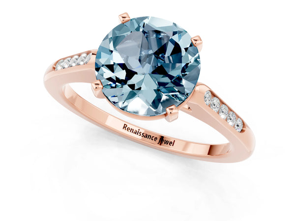 Rose gold Round Cut Aquamarine Solitaire Ring with Channel Set Round Band and Prong Setting