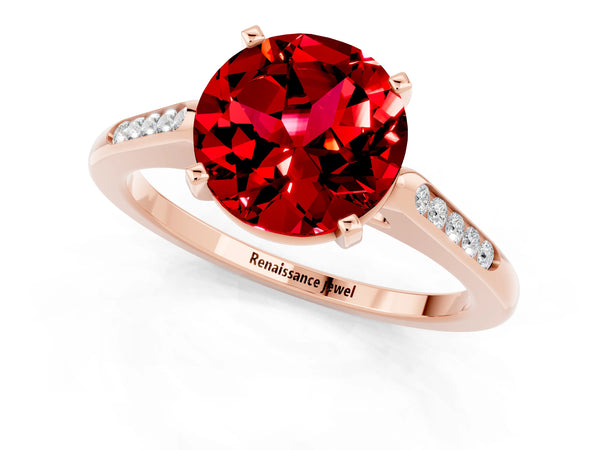 Rose gold Round Cut Ruby Solitaire Ring with Channel Set Round Band and Prong Setting