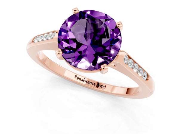 Rose gold Round Cut Amethyst Solitaire Ring with Channel Set Round Band and Prong Setting