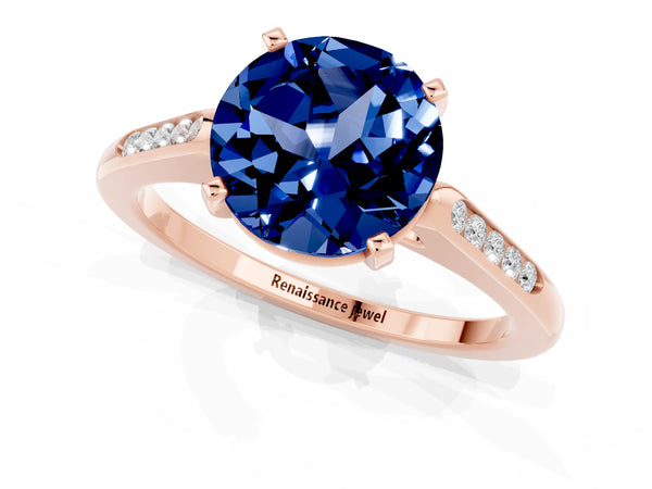 Rose gold Round Cut Blue Sapphire Solitaire Ring with Channel Set Round Band and Prong Setting