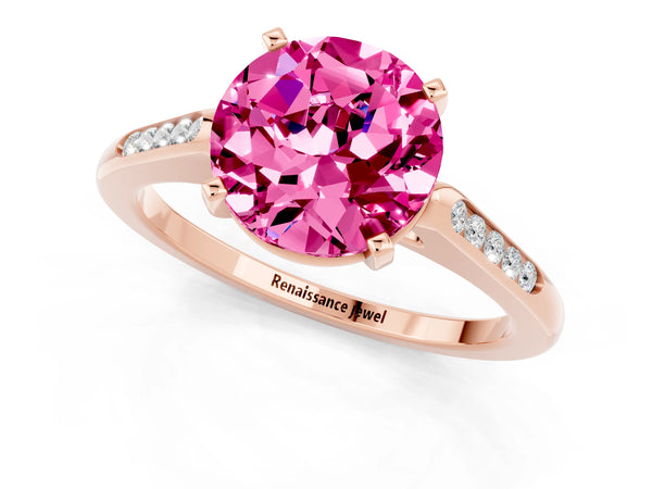 Rose gold Round Cut Pink Sapphire Solitaire Ring with Channel Set Round Band and Prong Setting