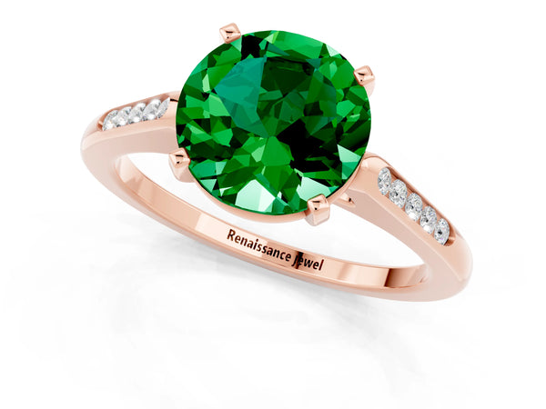 Rose gold Round Cut Emerald Solitaire Ring with Channel Set Round Band and Prong Setting