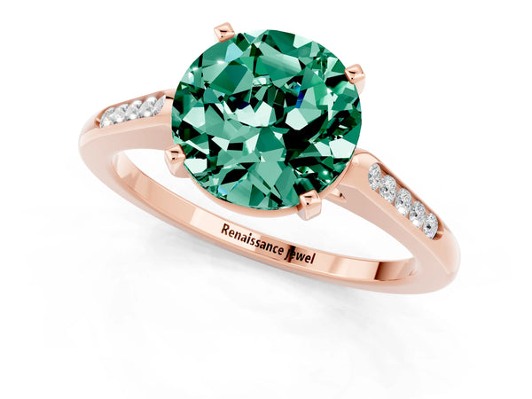 Rose gold Round Cut Green Sapphire Solitaire Ring with Channel Set Round Band and Prong Setting