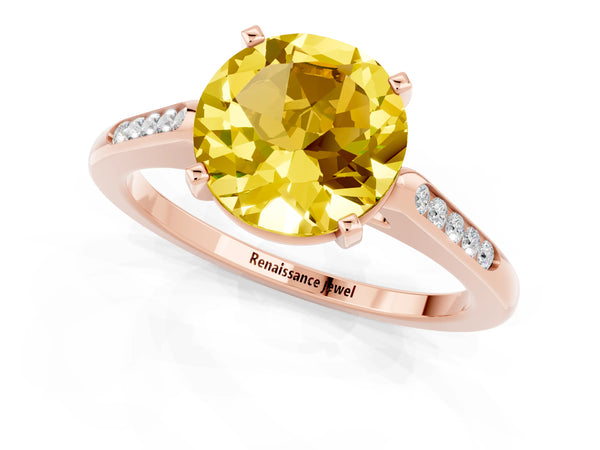 Rose gold Round Cut Yellow Sapphire Solitaire Ring with Channel Set Round Band and Prong Setting