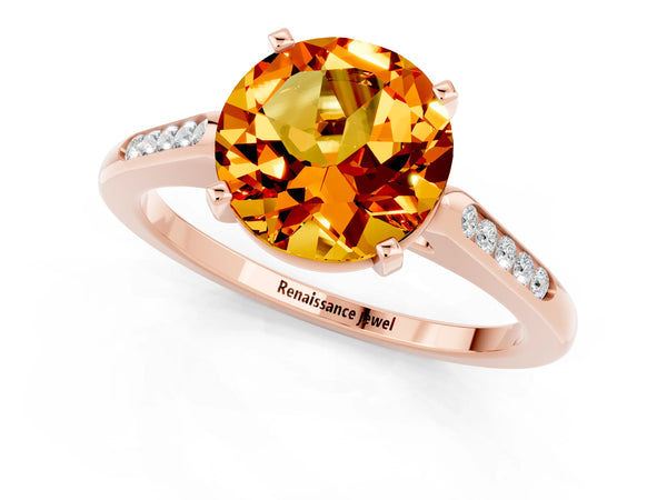 Rose gold Round Cut Citrine Solitaire Ring with Channel Set Round Band and Prong Setting