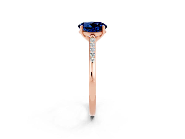 Rose gold Round Cut Blue Sapphire Solitaire Ring with Channel Set Round Band and Prong Setting