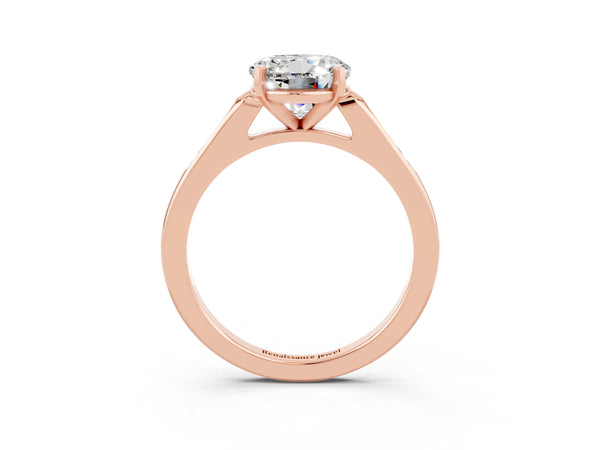 Rose gold Round Cut Moissanite Solitaire Ring with Channel Set Round Band and Prong Setting