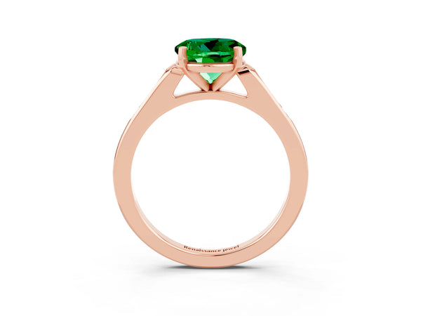 Rose gold Round Cut Emerald Solitaire Ring with Channel Set Round Band and Prong Setting
