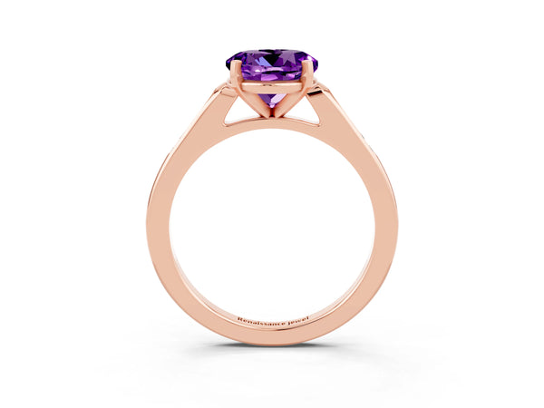 Rose gold Round Cut Amethyst Solitaire Ring with Channel Set Round Band and Prong Setting