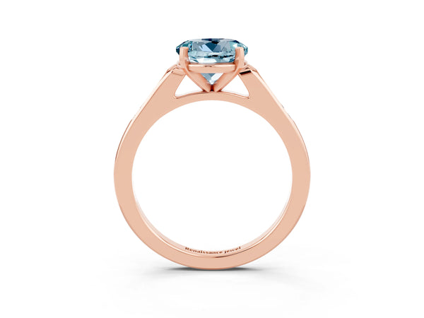 Rose gold Round Cut Aquamarine Solitaire Ring with Channel Set Round Band and Prong Setting