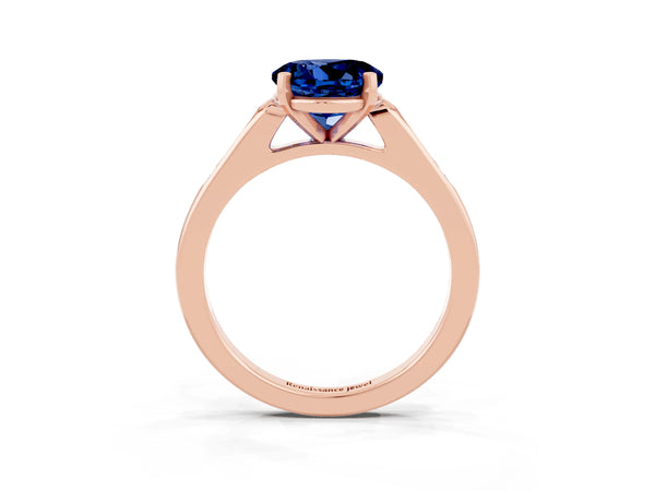 Rose gold Round Cut Blue Sapphire Solitaire Ring with Channel Set Round Band and Prong Setting