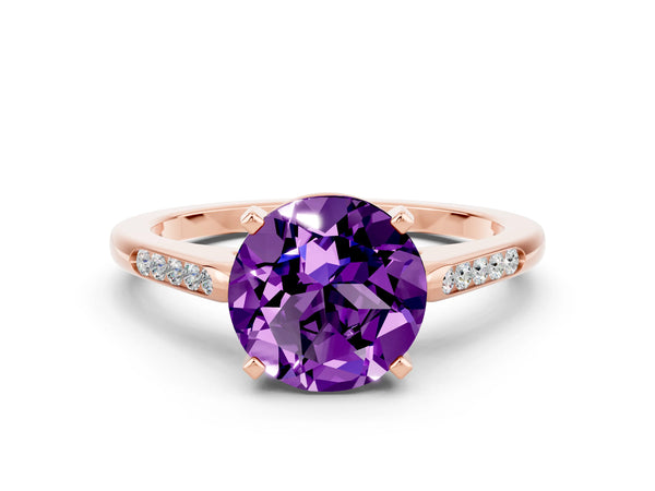 Rose gold Round Cut Amethyst Solitaire Ring with Channel Set Round Band and Prong Setting