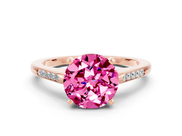 Rose gold Round Cut Pink Sapphire Solitaire Ring with Channel Set Round Band and Prong Setting